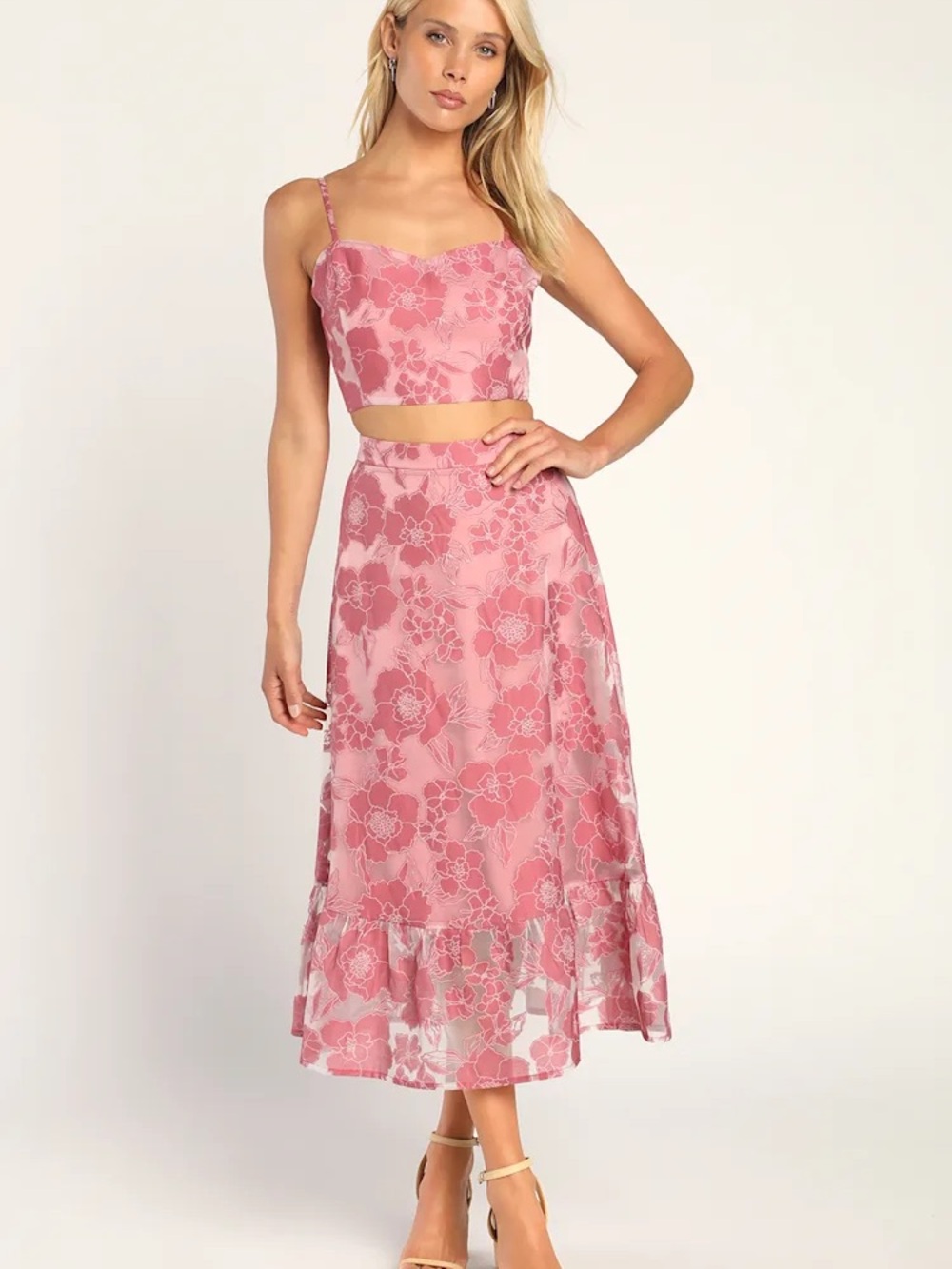Lulus Certainly Stylish Mauve Pink Burnout Floral Two-Piece Midi Dress